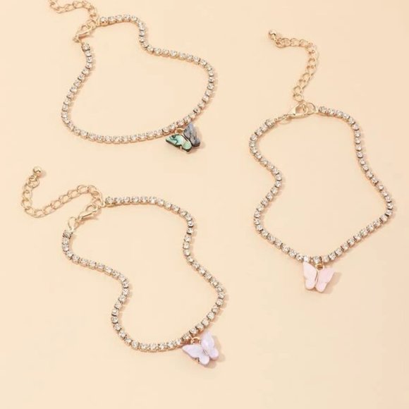 3pc Butterfly Rhinestone Bracelet Set - Picture 2 of 4